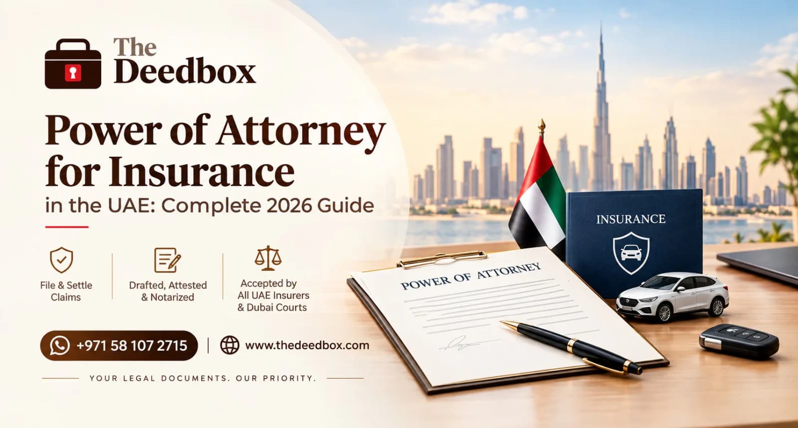 The Deedbox banner for Power of Attorney for Insurance in the UAE, showing a power of attorney document, an insurance folder, the UAE flag and the Dubai skyline.