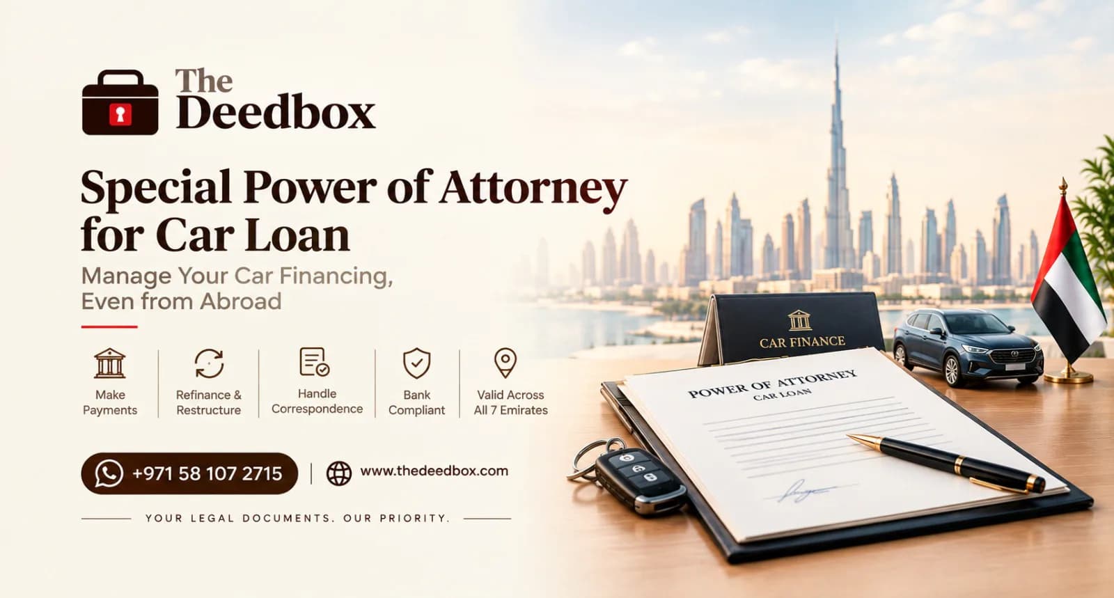 The Deedbox illustration for the article “Special Power of Attorney for Car Loan in the UAE”.